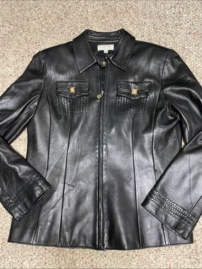 St. John Black Leather Jacket with Woven Trim and Gold Hardware accents